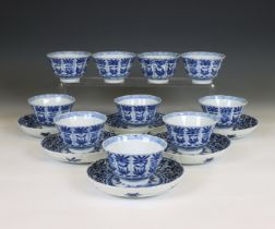 China, a set of ten blue and white porcelain cups and six saucers, 19th century,