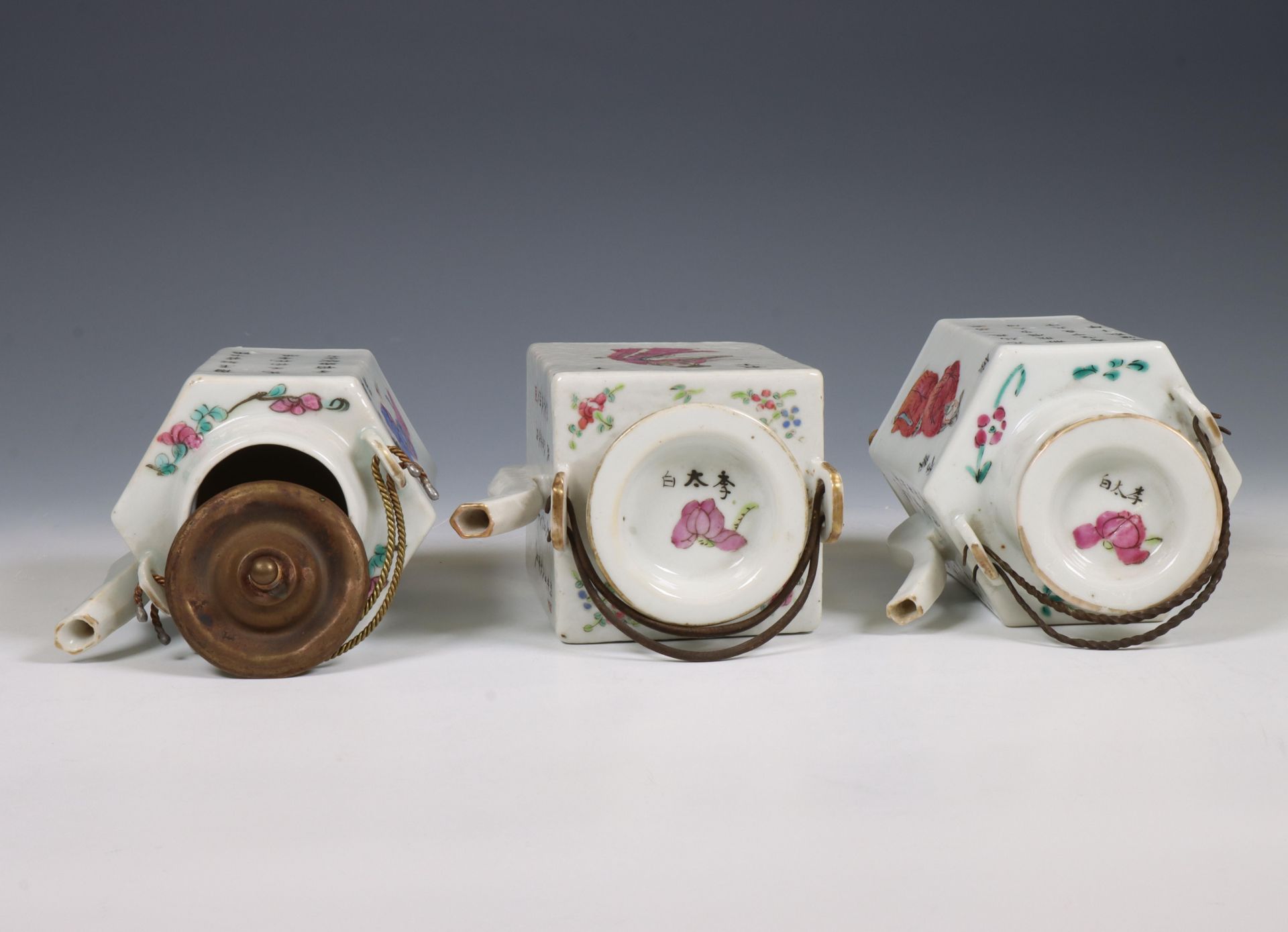 China, three famille rose porcelain 'Wu Shuang Pu' canted teapots and covers, 19th century, - Image 4 of 7