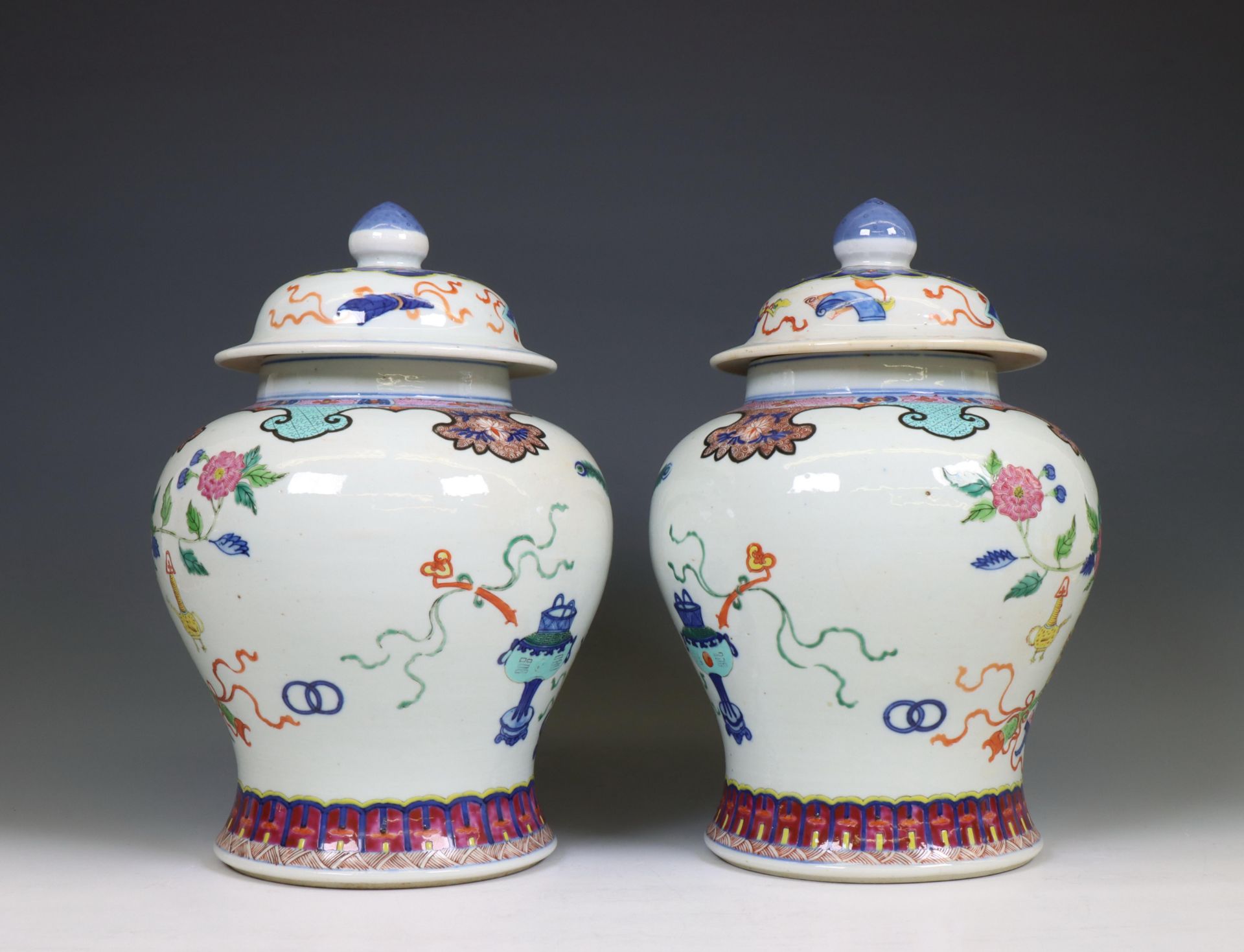 China, a pair of famille rose porcelain baluster jars and covers, 20th century, - Image 3 of 6