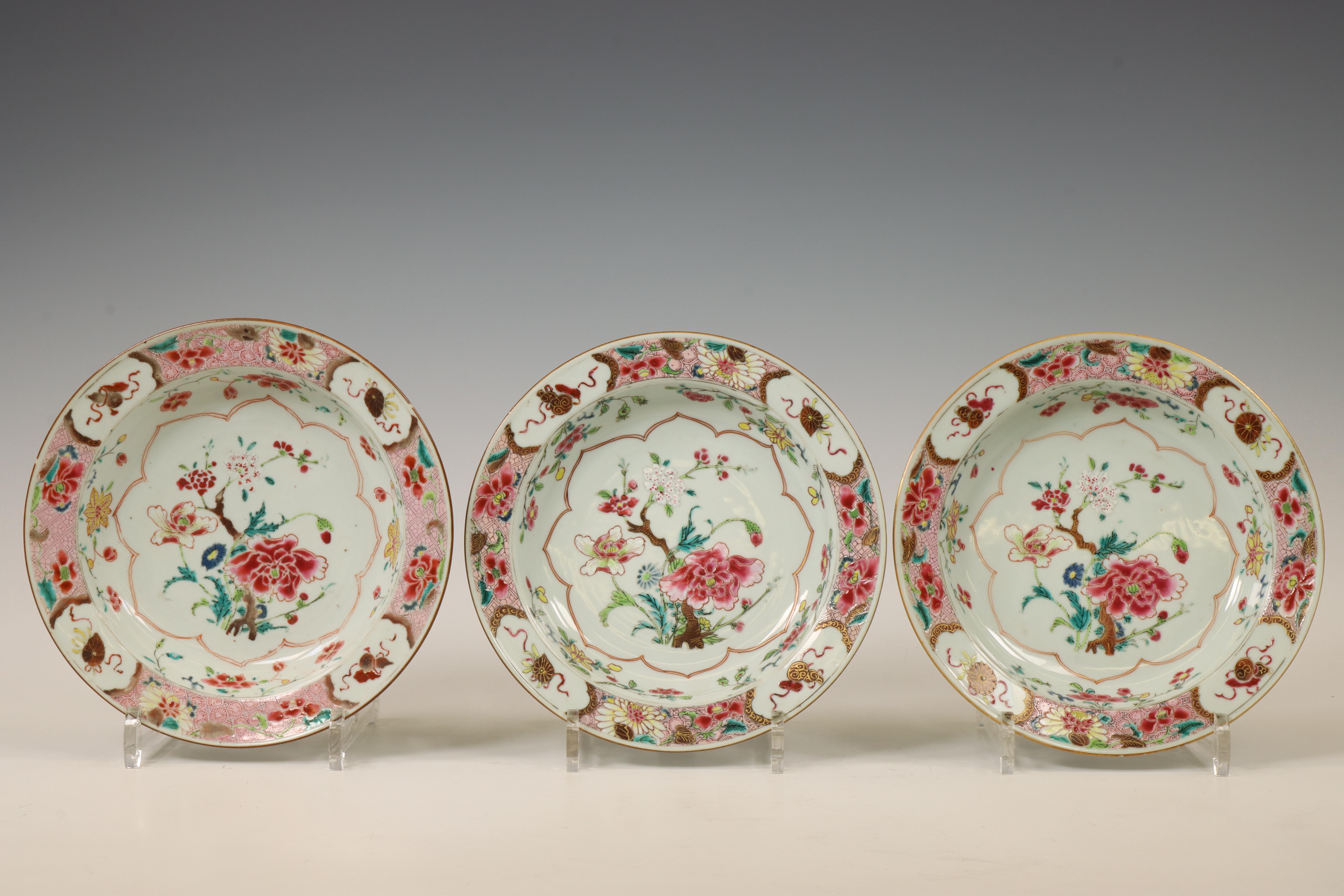 China, a set of three famille rose porcelain deep dishes, Qianlong period (1736-1795),