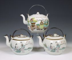 China, a pair and a single famille rose porcelain teapots, 20th century,
