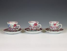 China, set of three famille rose porcelain cups and saucers, Qianlong period (1736-1795),