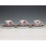 China, set of three famille rose porcelain cups and saucers, Qianlong period (1736-1795),