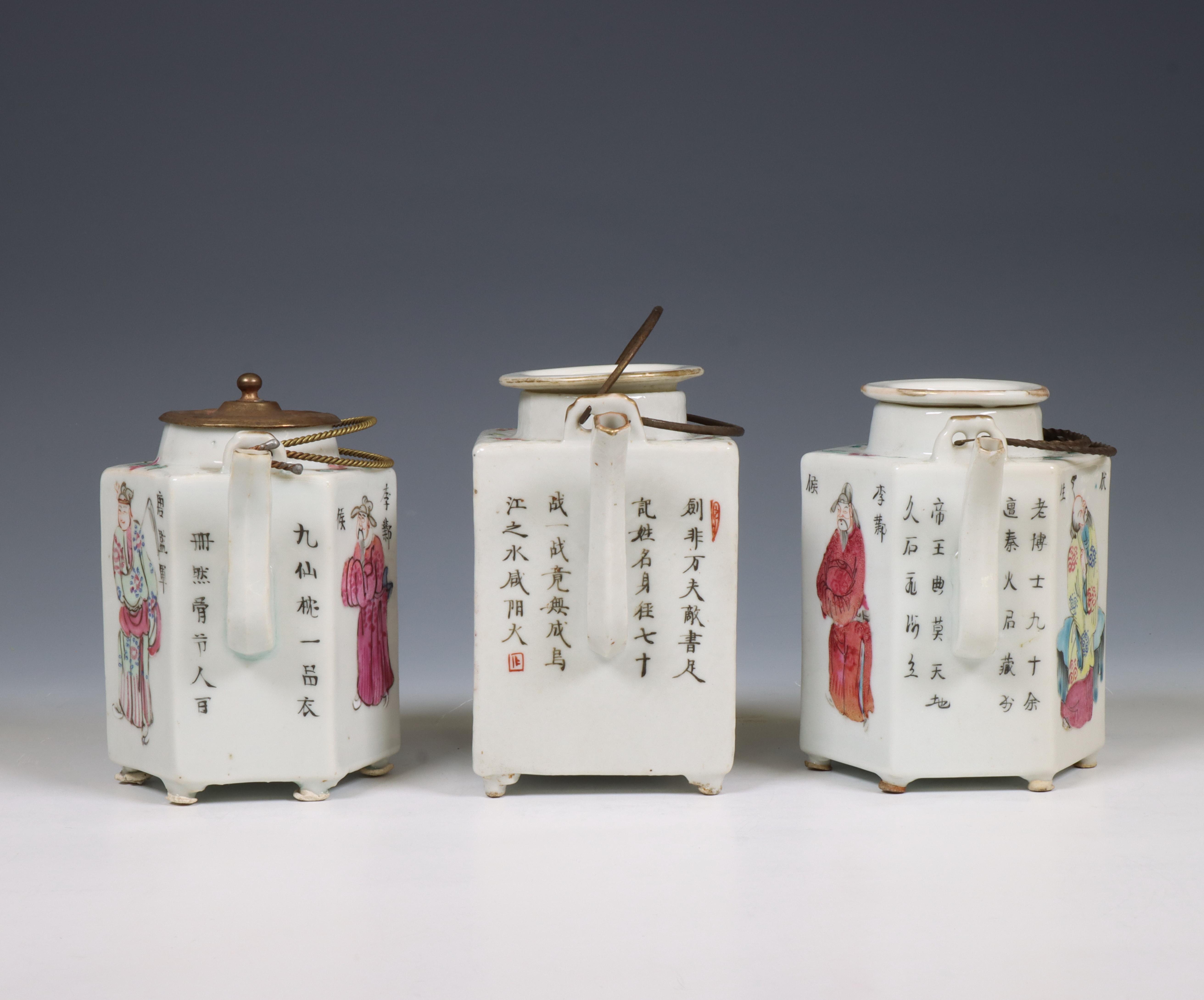 China, three famille rose porcelain 'Wu Shuang Pu' canted teapots and covers, 19th century, - Image 3 of 7