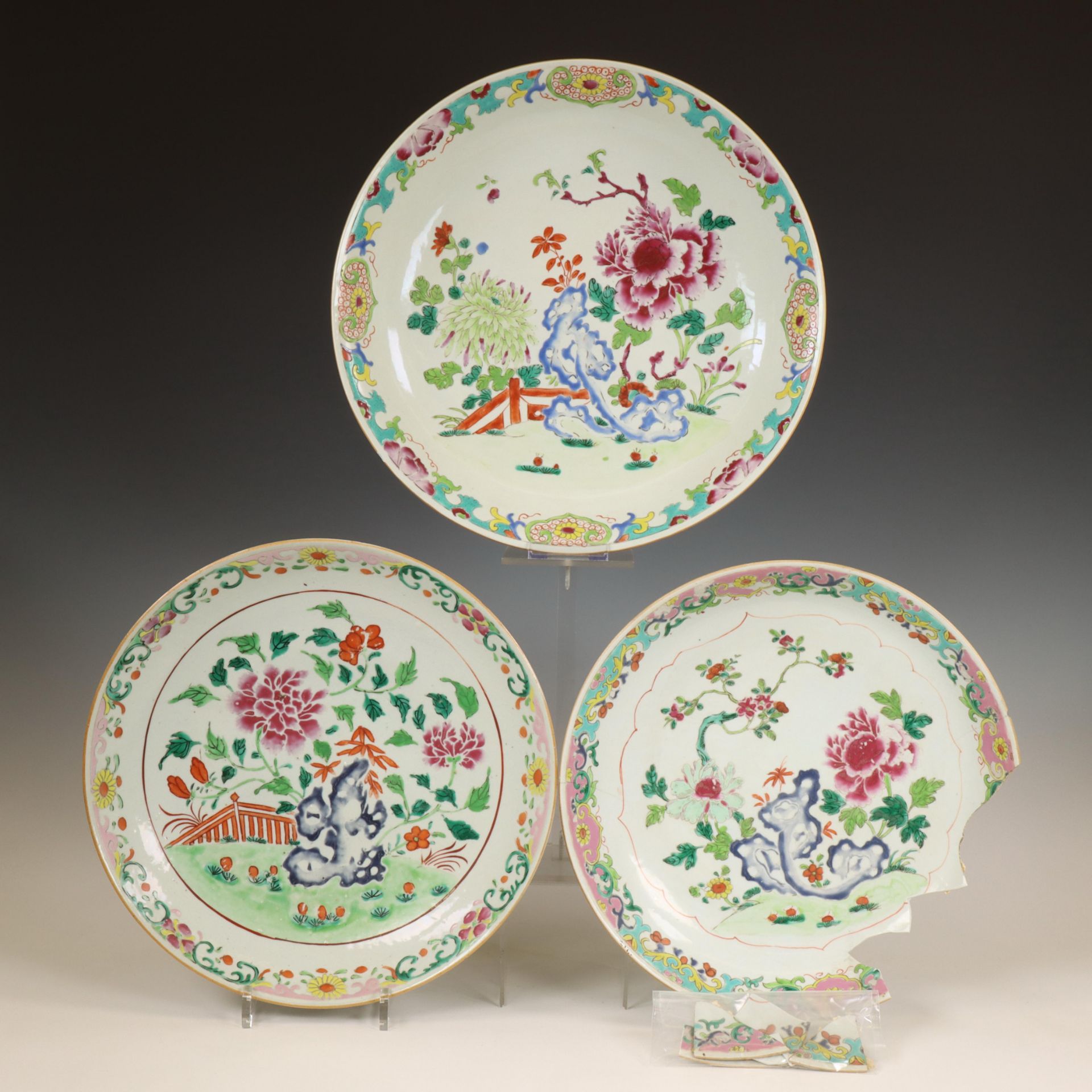 China, three famille rose porcelain dishes, Qianlong period (1736-1795),