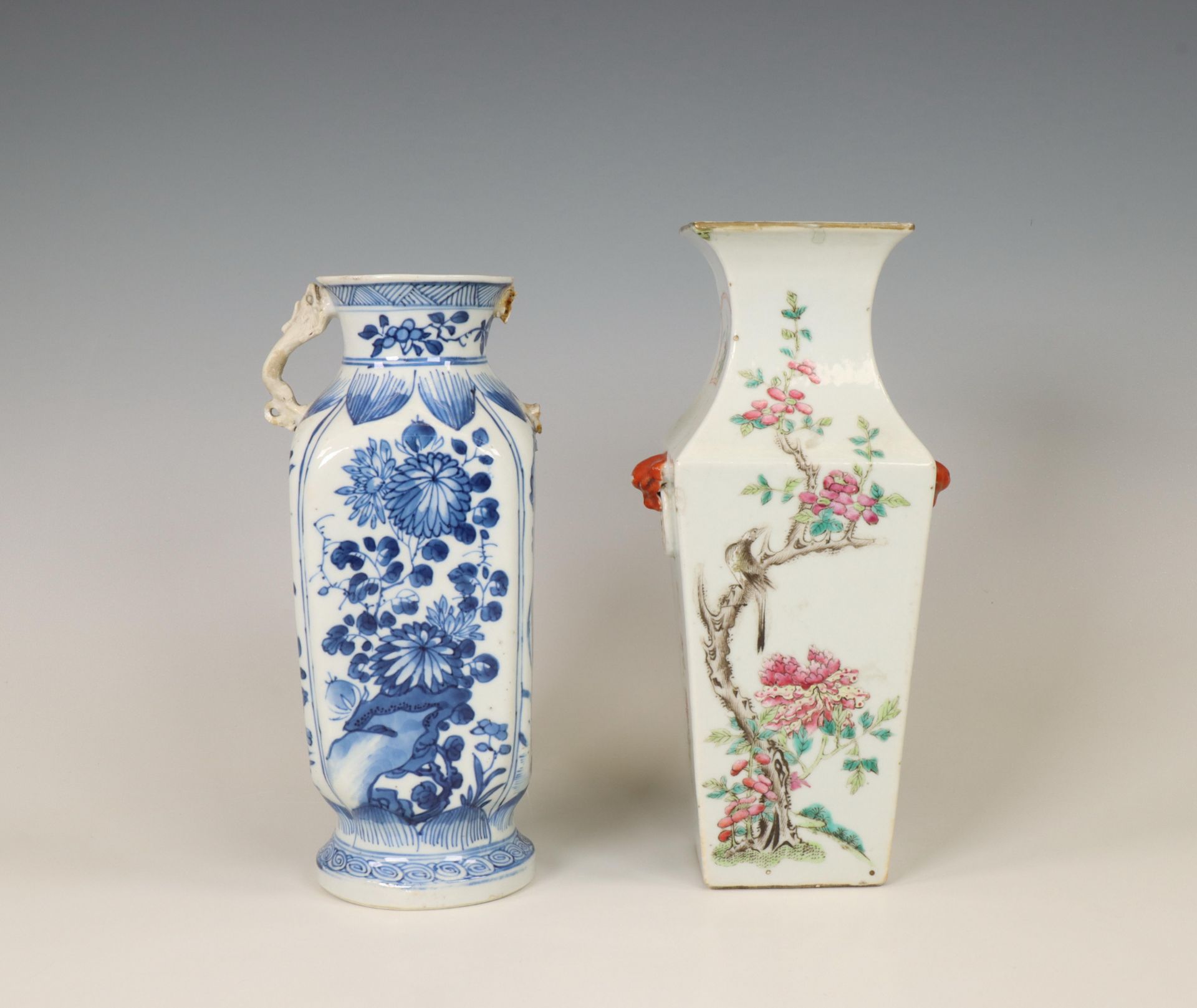 China, two square porcelain vases, 18th and 19th century,