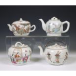 China, three famille rose porcelain teapots and a sugar-bowl, 19th century,