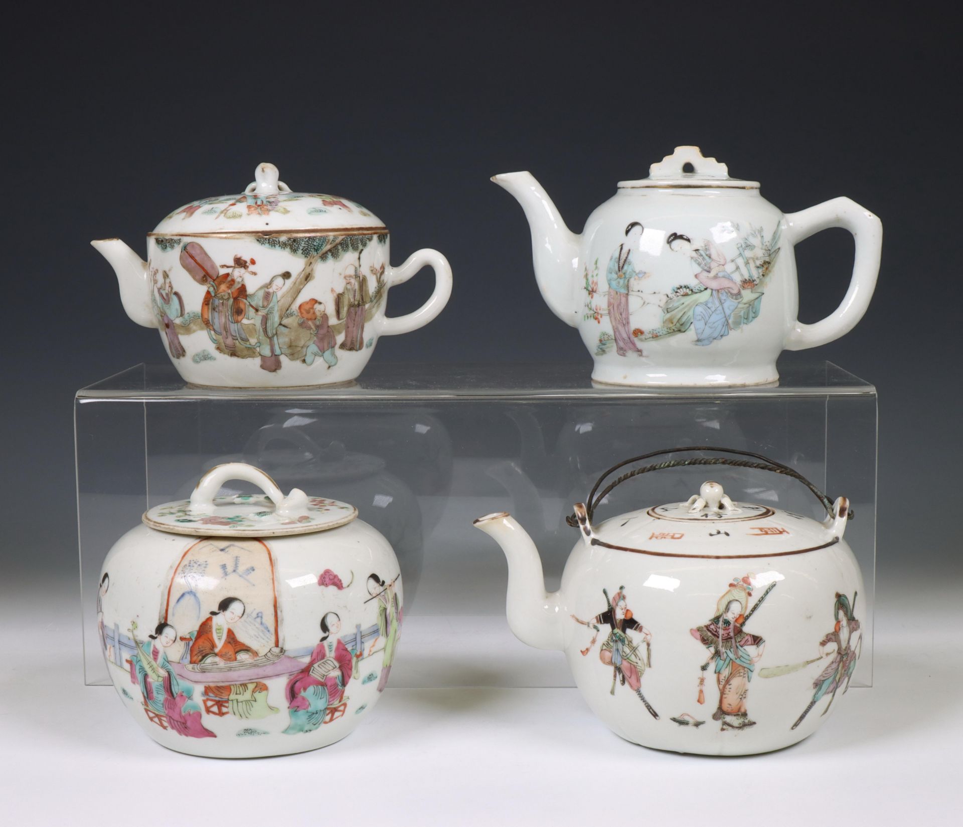 China, three famille rose porcelain teapots and a sugar-bowl, 19th century,