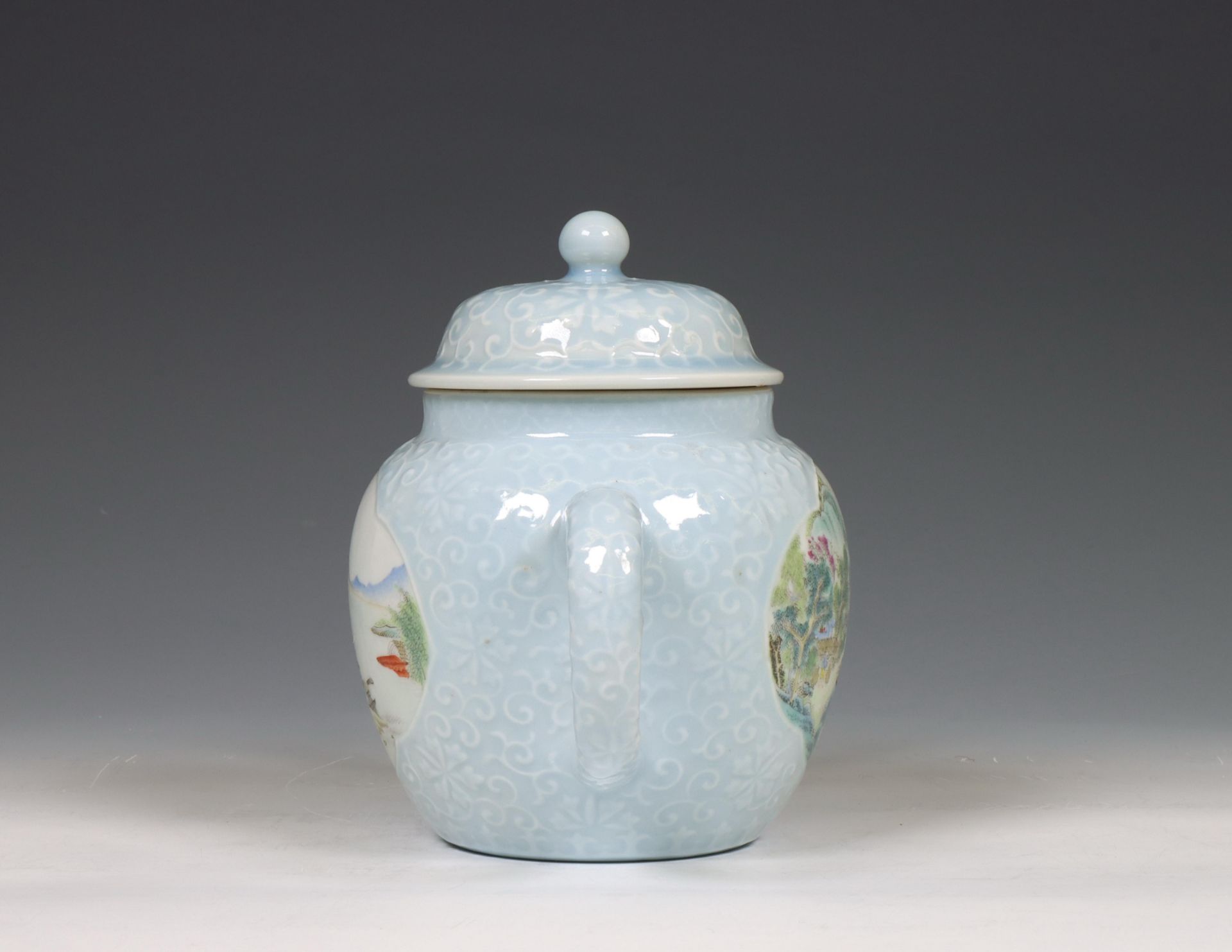 China, a claire-de-lune-ground famille rose porcelain moulded teapot and cover, 19th century, - Image 3 of 6