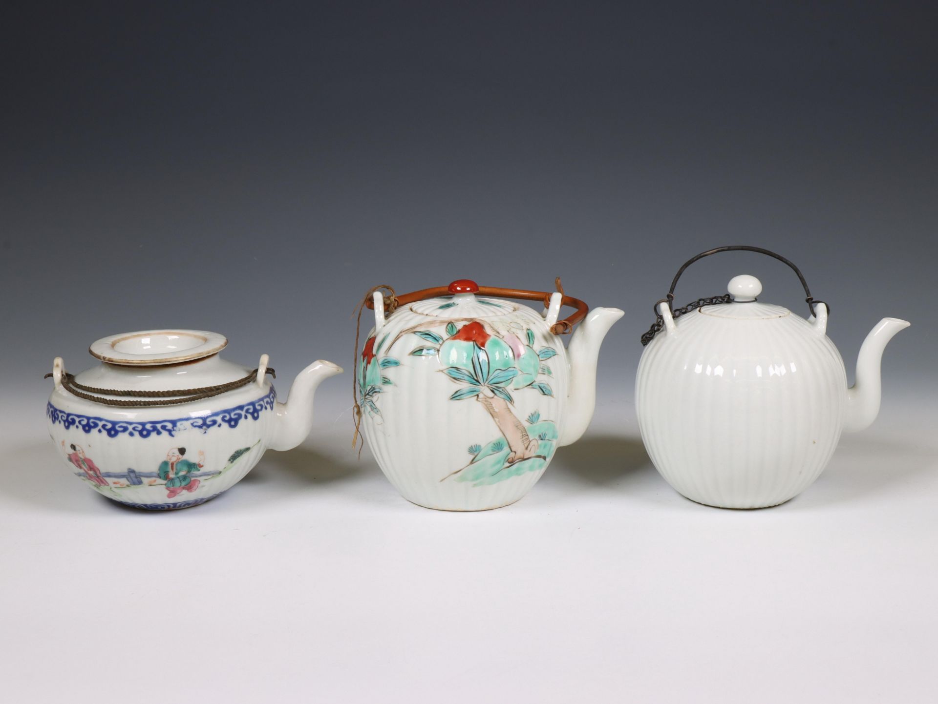 China, three ribbed porcelain teapots and covers, 19th-20th century, - Image 3 of 3