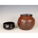 Japan, Tamba ceramic water jar and lacquer cover, Edo period (1603-1868), and a Setoguro chawan, 19t