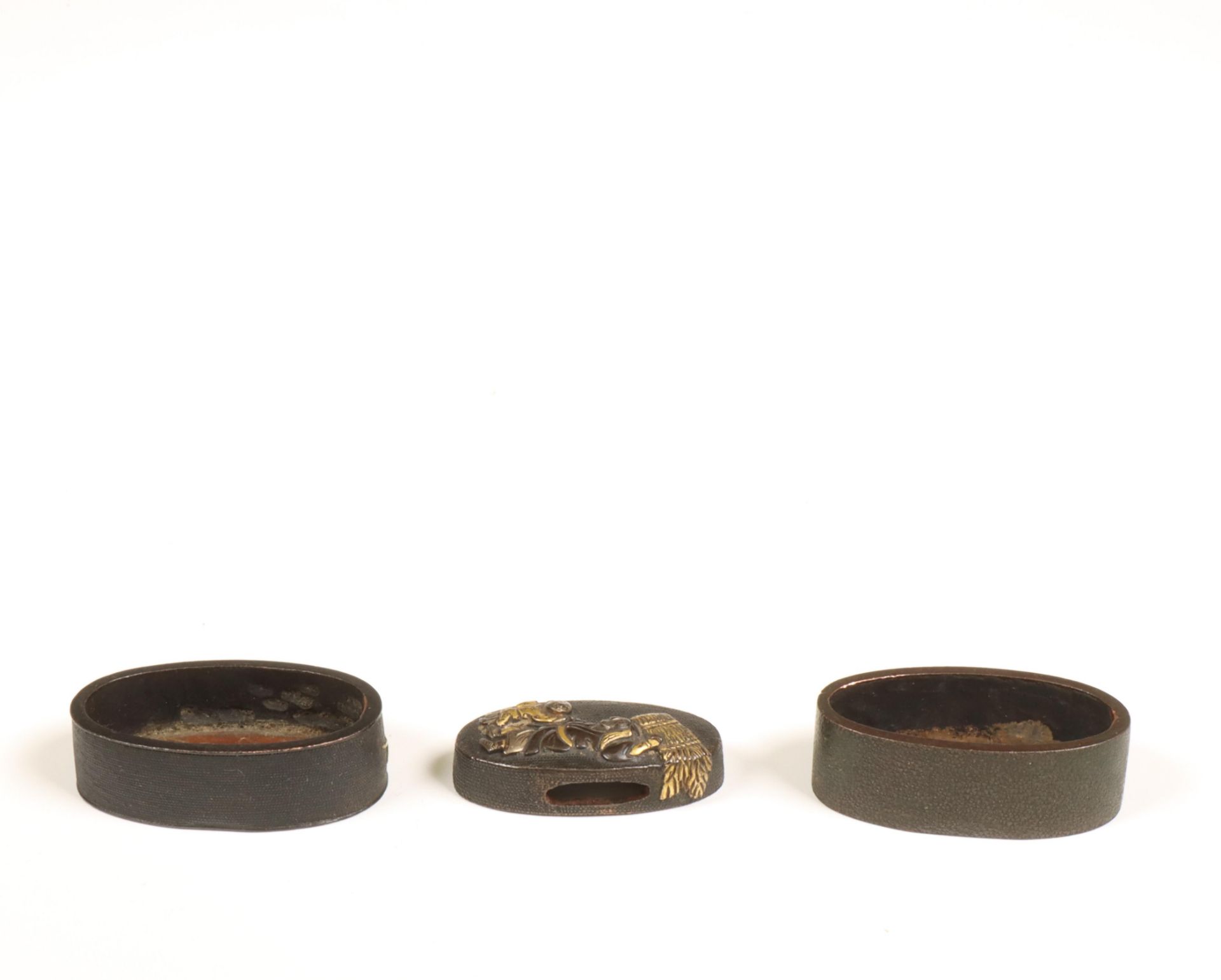 Japan, two iron fuchi and one kashira with gold- and silver inlay, Edo period, (1615-1868); - Image 3 of 3