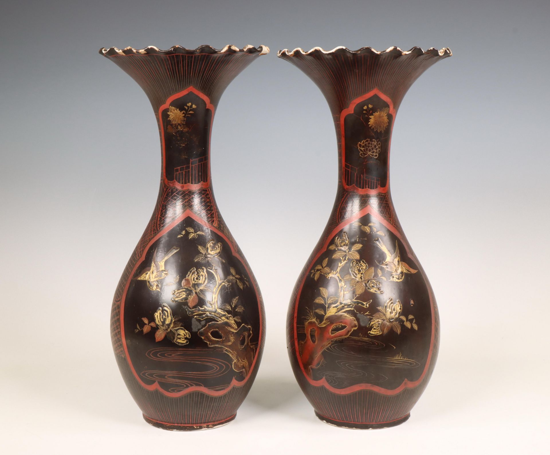 Japan, a pair of lacquer decorated porcelain vases, Meiji period (1868-1912),