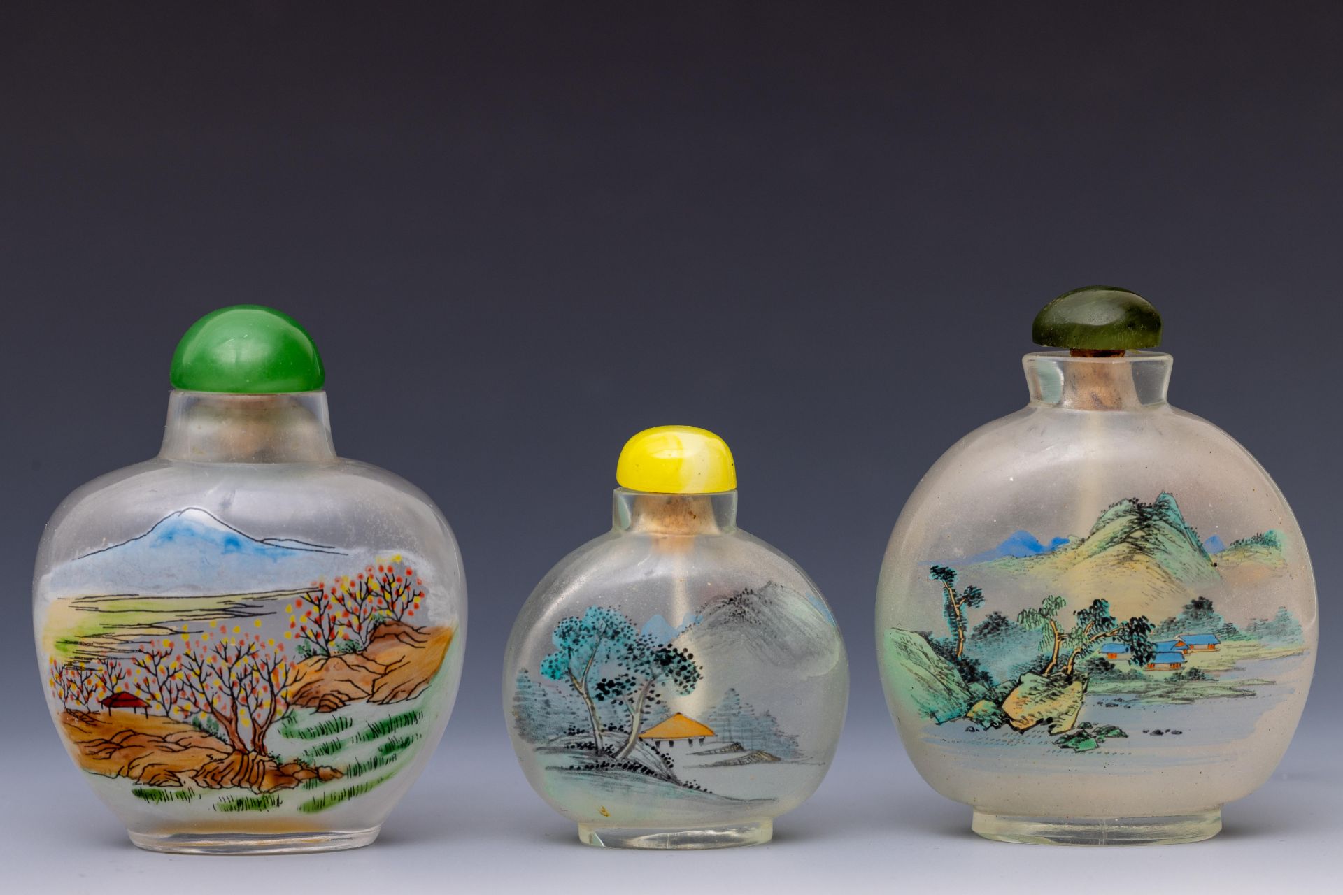 China, three reverse glass painted 'landscape' snuff bottles and stoppers, 20th century,