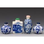 China, four blue and white porcelain snuff bottles and stoppers, 19th-20th century,