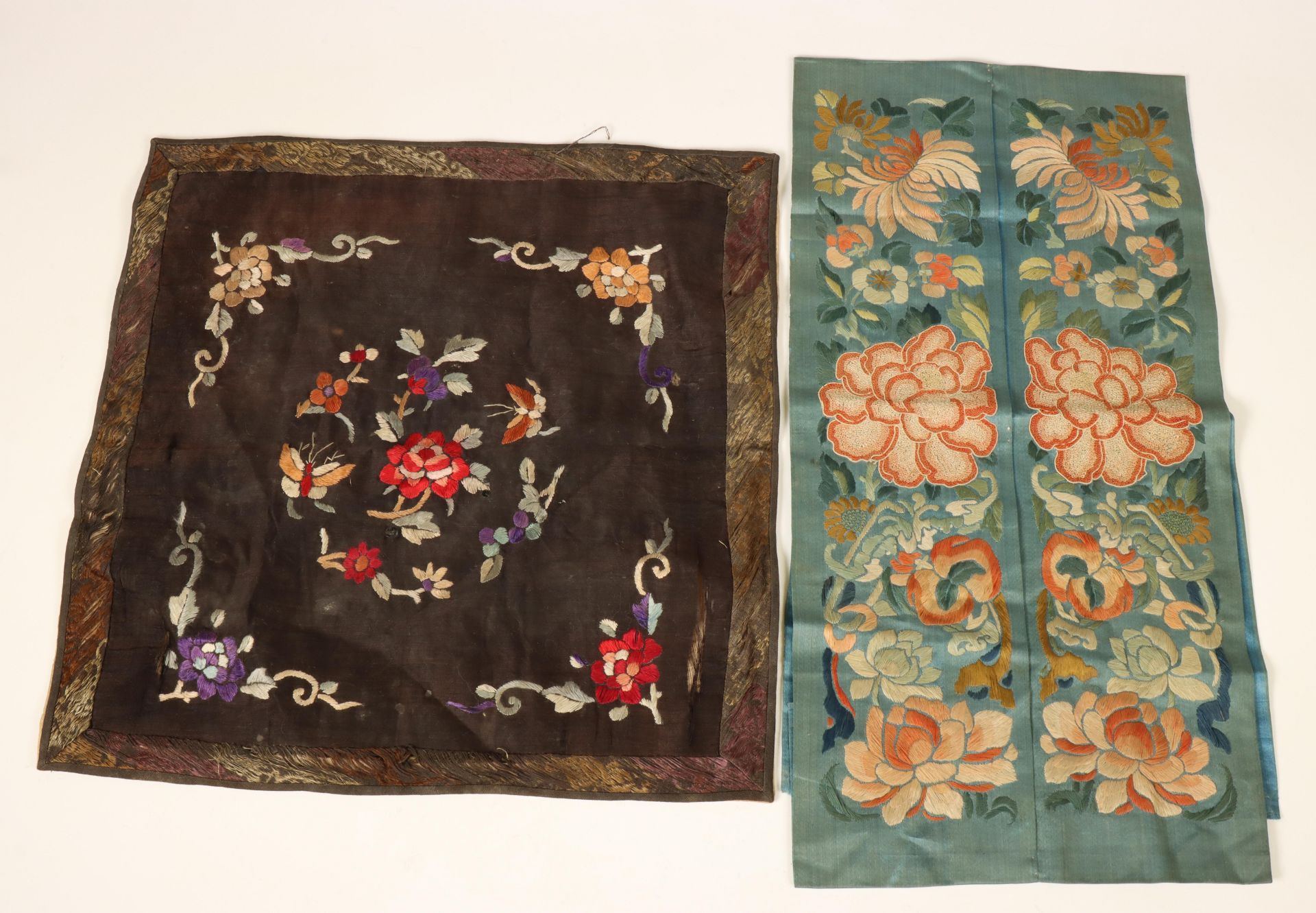 China, two embroidered silk fragments, 20th century,