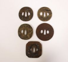 Japan, five cast iron tsubas, Meiji period, (1868-1912);
