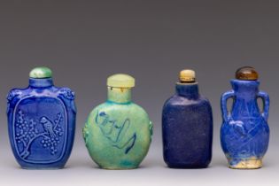 China, four blue and green-glazed porcelain snuff bottles and stoppers, 18th-19th century,