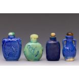 China, four blue and green-glazed porcelain snuff bottles and stoppers, 18th-19th century,