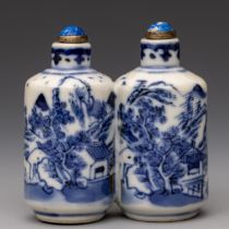 China, a blue and white porcelain 'double' snuff bottle and stoppers, 19th century,
