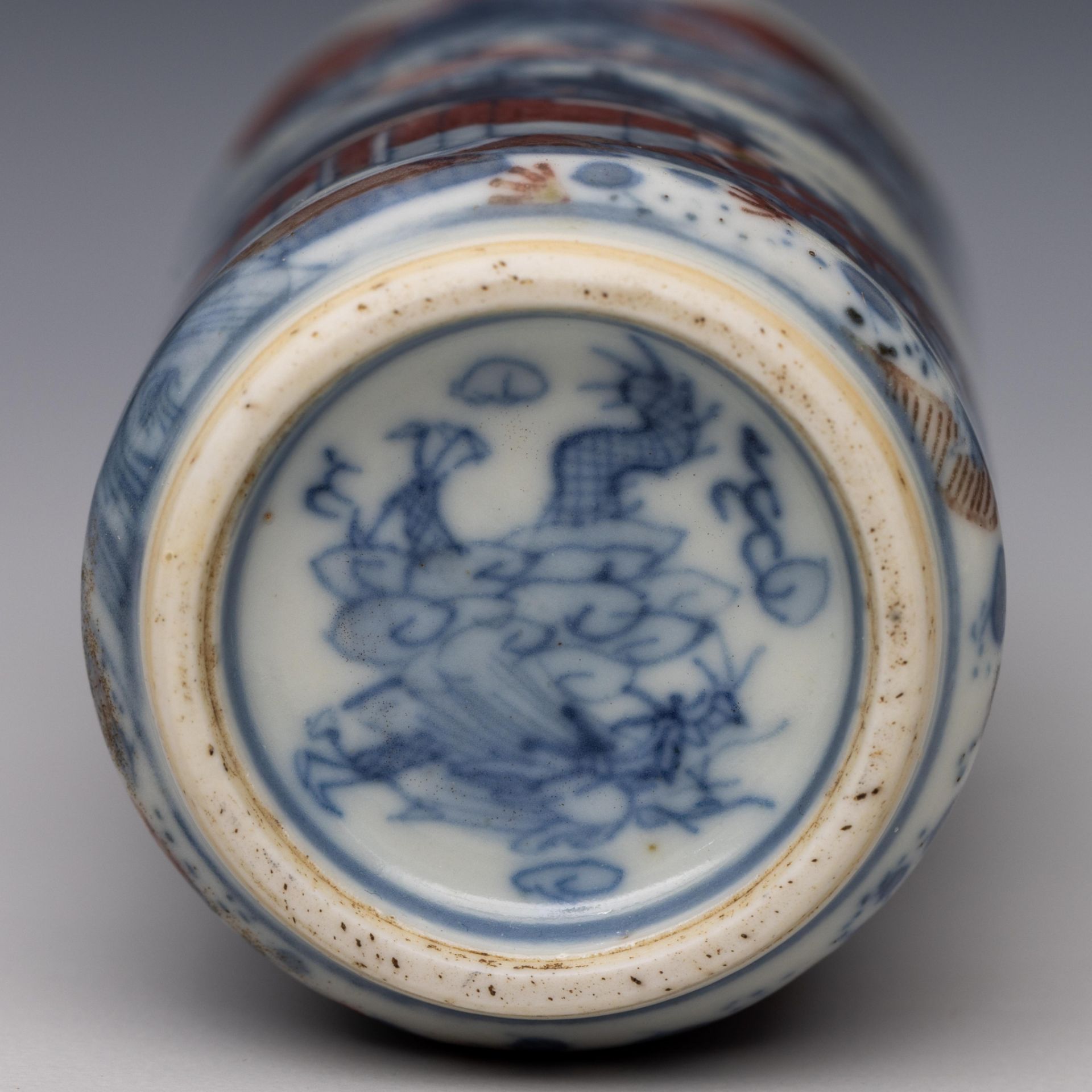 China, a blue and white and iron-red porcelain 'pagoda' snuff bottle and stopper, 19th century, - Image 2 of 3