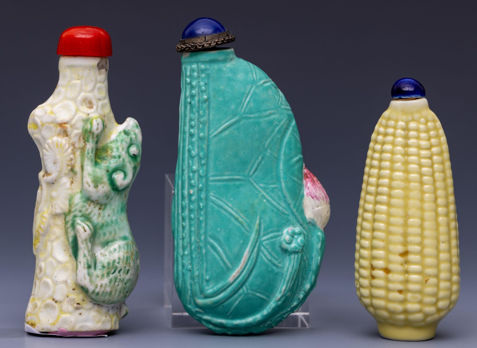 China, three moulded porcelain snuff bottles and stoppers, 19th/ 20th century, - Image 2 of 2