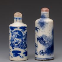 China, two blue and white porcelain 'dragon' snuff bottles and stoppers, 19th-20th century,