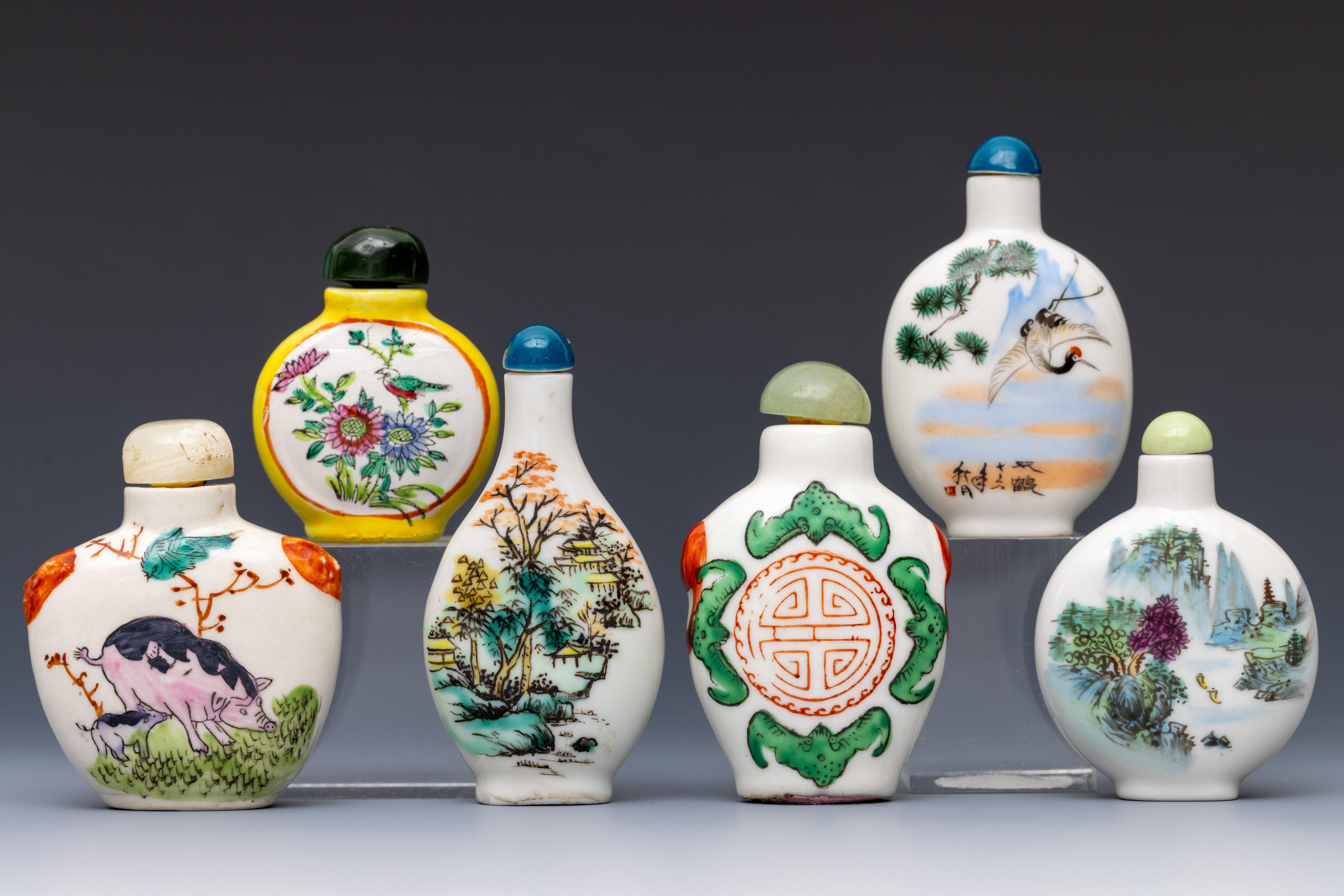 China, six polychrome decorated porcelain snuff bottles and stoppers, late 19th/ 20th century,