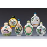 China, six polychrome decorated porcelain snuff bottles and stoppers, late 19th/ 20th century,