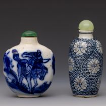 China, two blue and white porcelain snuff bottles and stoppers, 19th-20th century,