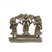 South India, a bronze figure group; Vishnu, Sri Devi and Bhu, 16th century;