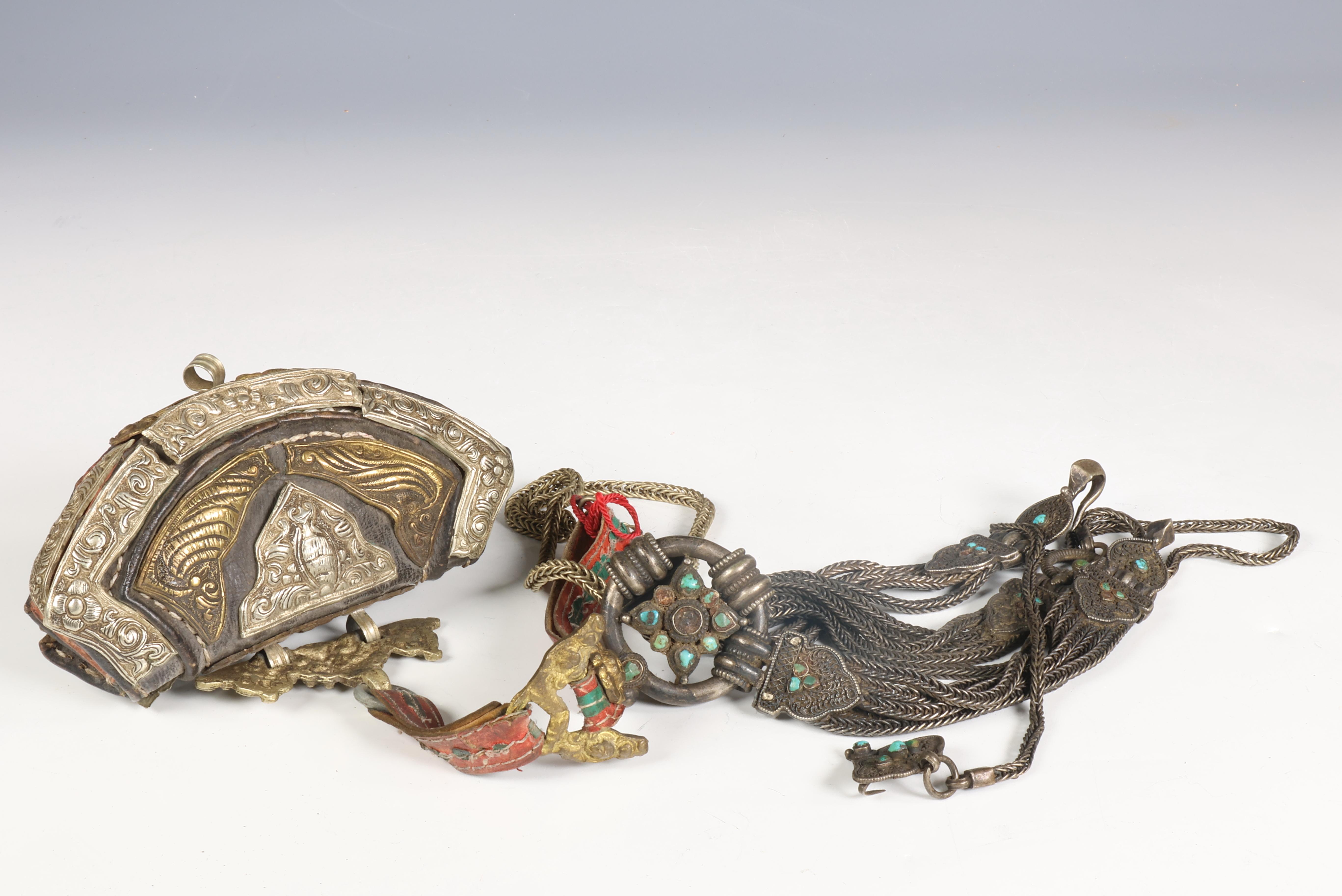 Tibet, a silver fire stone pouch and a silver alloy belt, ca. 1930; - Bild 2 aus 2
