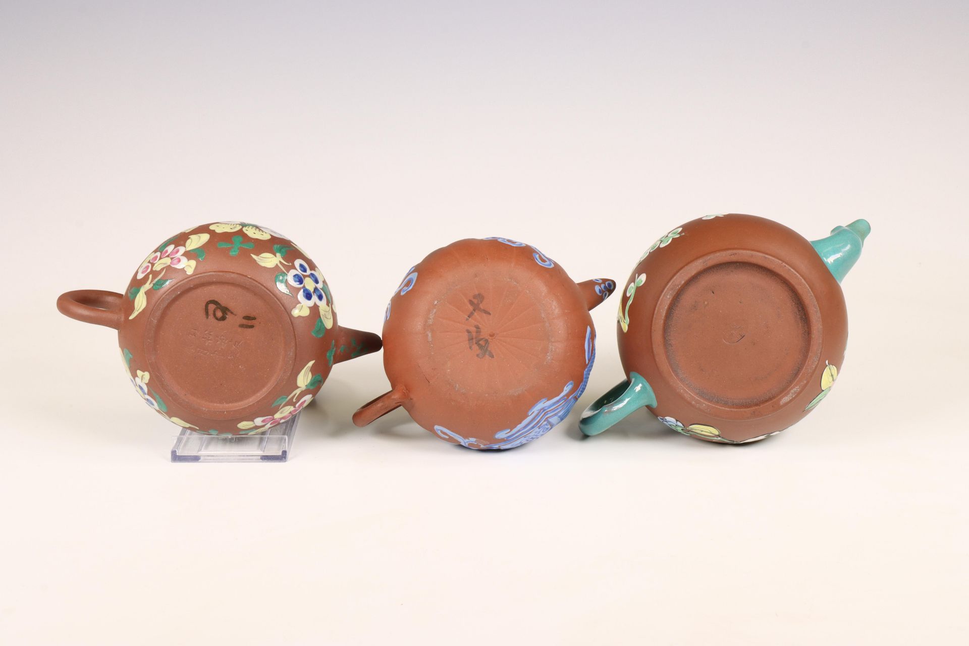 China, three famille rose and blue decorated Yixing teapots and covers, 20th century, - Image 2 of 3