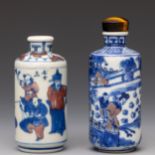 China, two blue and white and iron-red porcelain figural snuff bottles and one stopper, 19th century