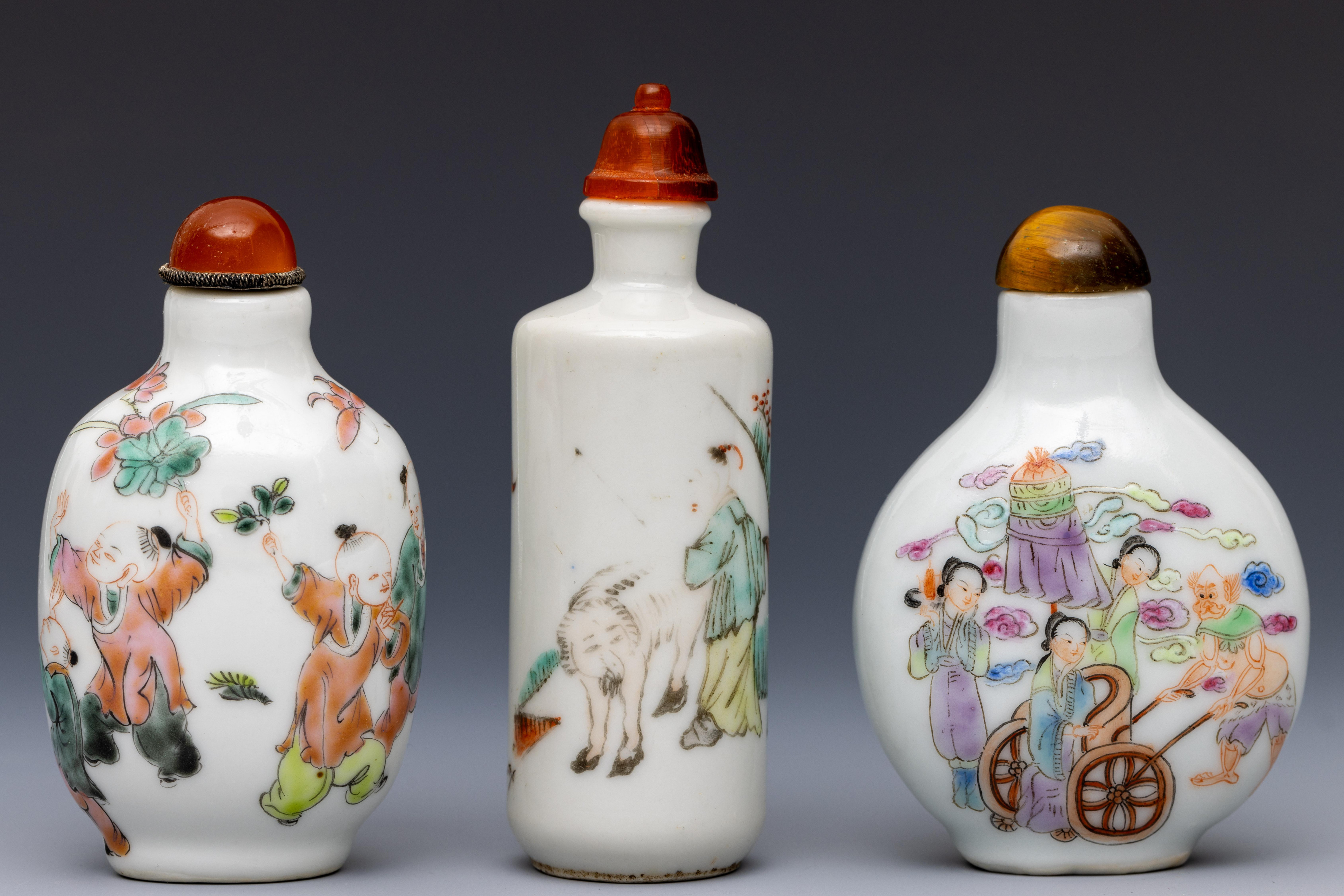 China, three polychrome decorated porcelain figural snuff bottles and stoppers, late Qing dynasty (1 - Image 3 of 3