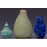 China, three various snuff bottles and stoppers,