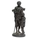 Japan, black patinated bronze okimono, depicting blind woman with child, Meiji (1868-1912);