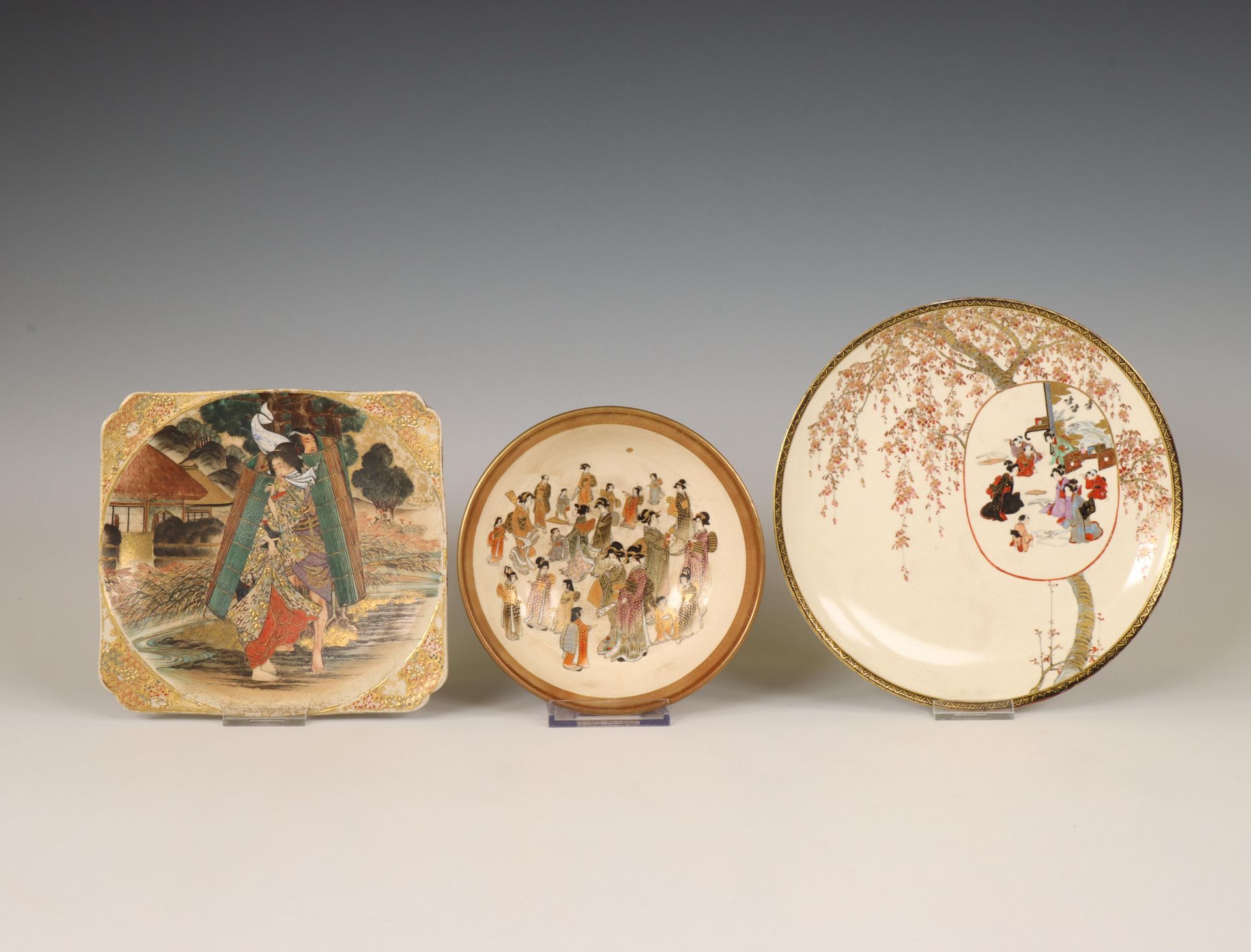 Japan, two Satsuma porcelain dishes and a bowl, 19th century,