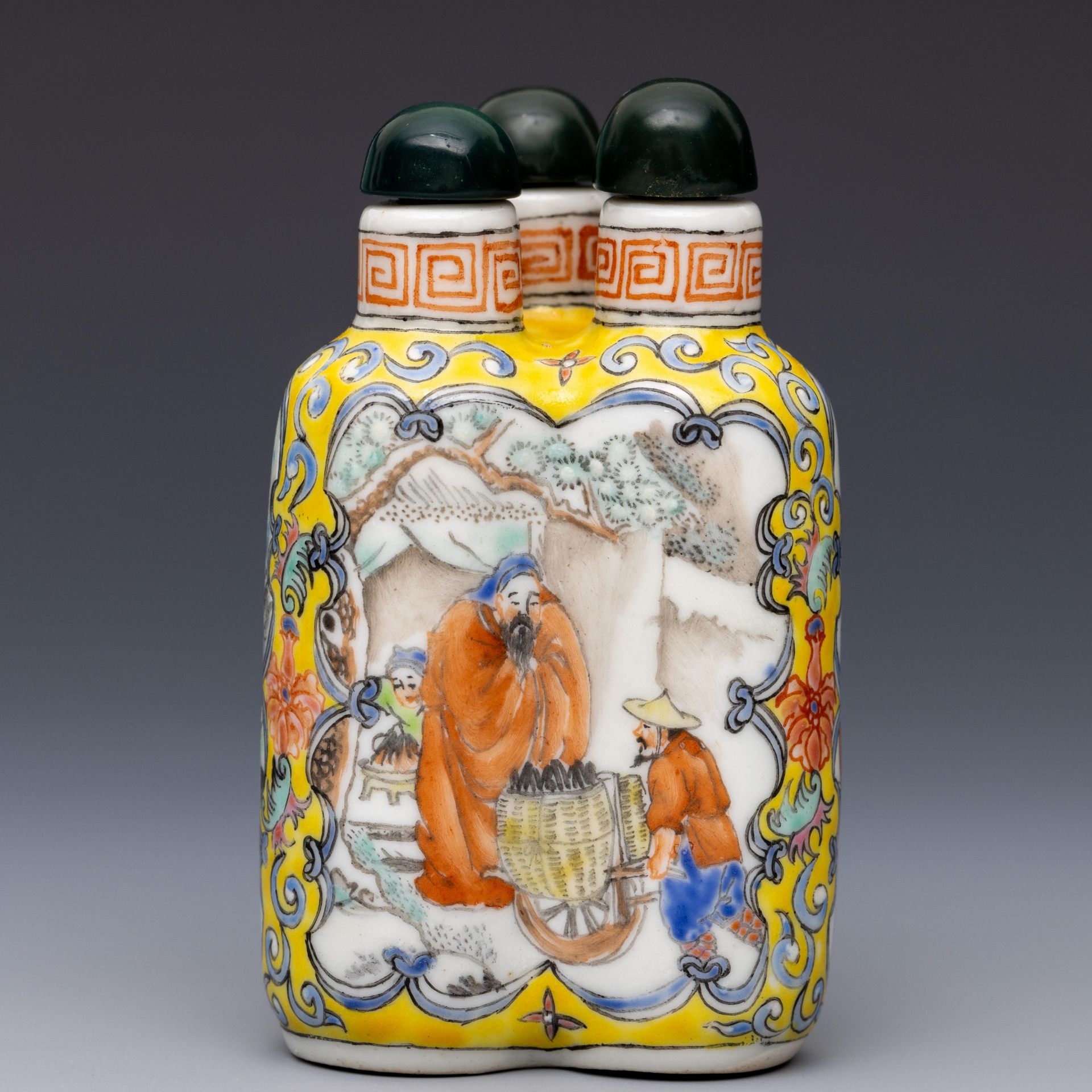 China, a famille rose porcelain 'triple' snuff bottle and stoppers, late 19th/ 20th century,