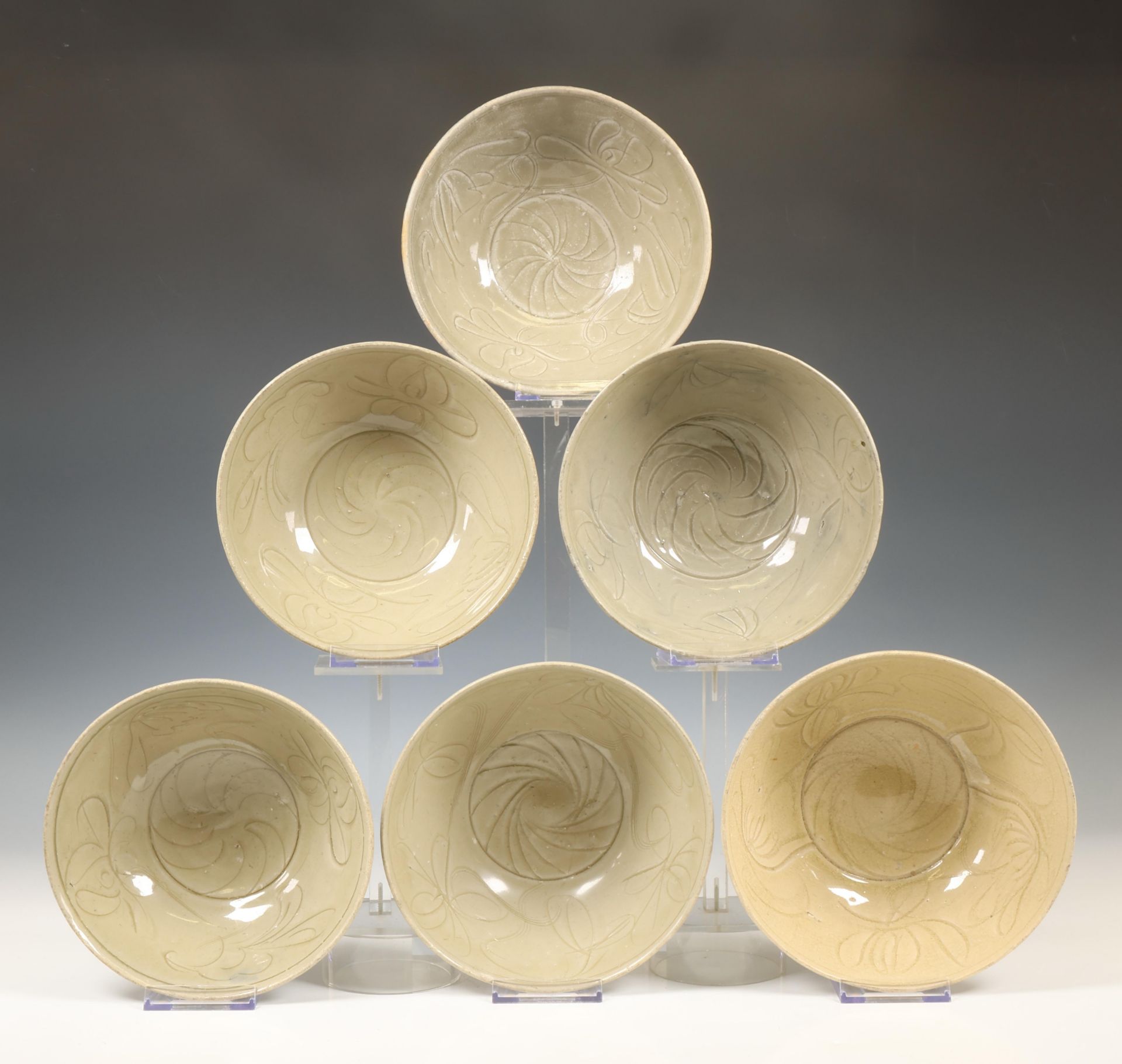 China, collection of six celadon-glazed bowls, Northern Song dynasty, 10th-12th century,