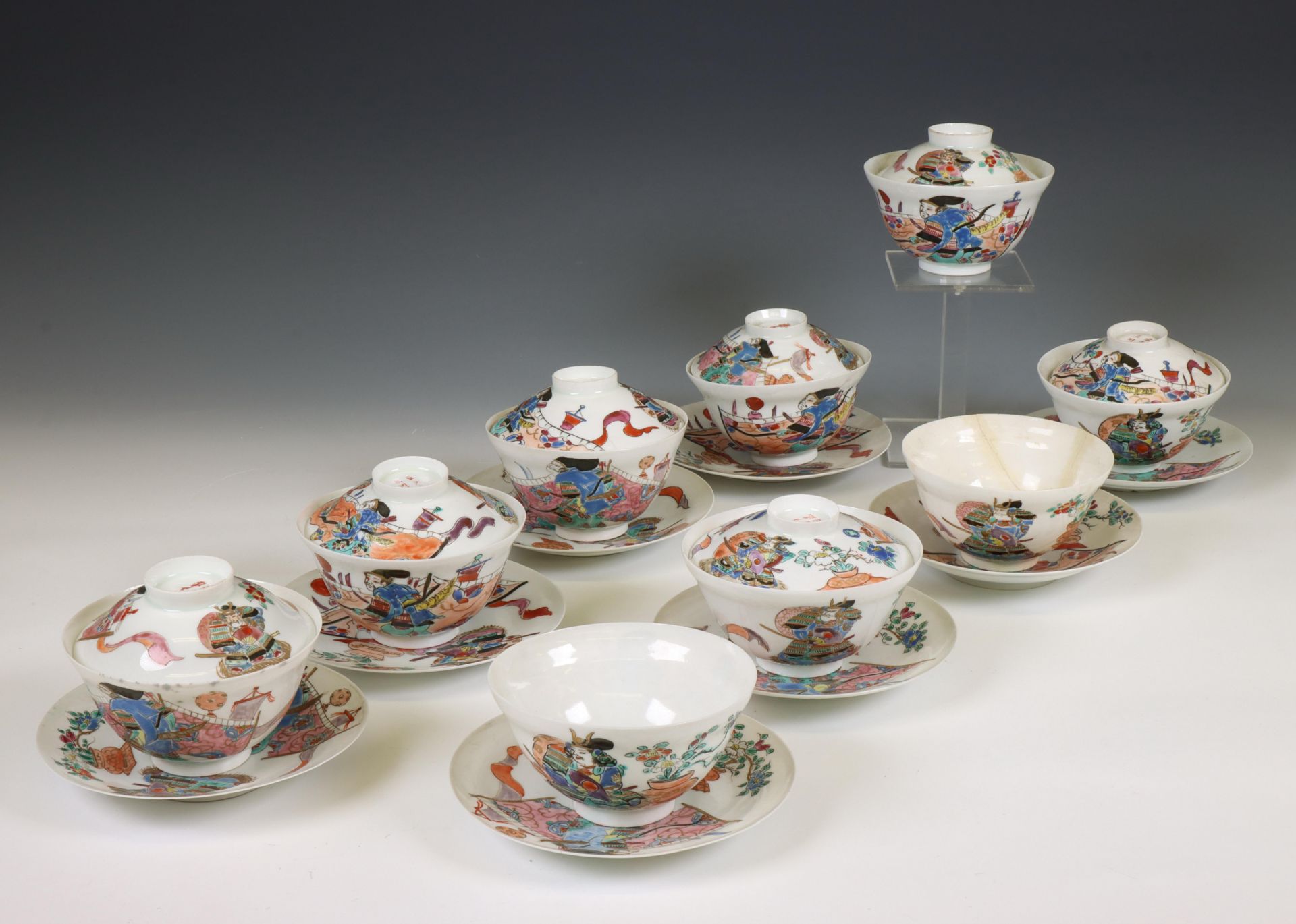 Japan, a polychrome porcelain collection of cups and saucers, 20th century,