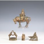 China, two bronze figures of Wise man on a horse and a buffalo, a smaller messing figure of a Chines