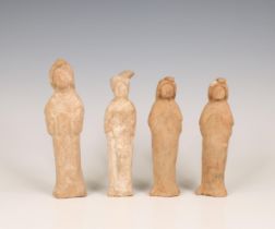 China, four small pottery models of fat ladies, probably Tang dynasty (618-906),