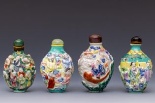 China, four moulded famille rose porcelain snuff bottles and stoppers, 19th century,