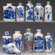 China, eleven various blue and white porcelain snuff bottles, 19th-20th century,