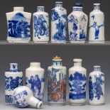 China, eleven various blue and white porcelain snuff bottles, 19th-20th century,