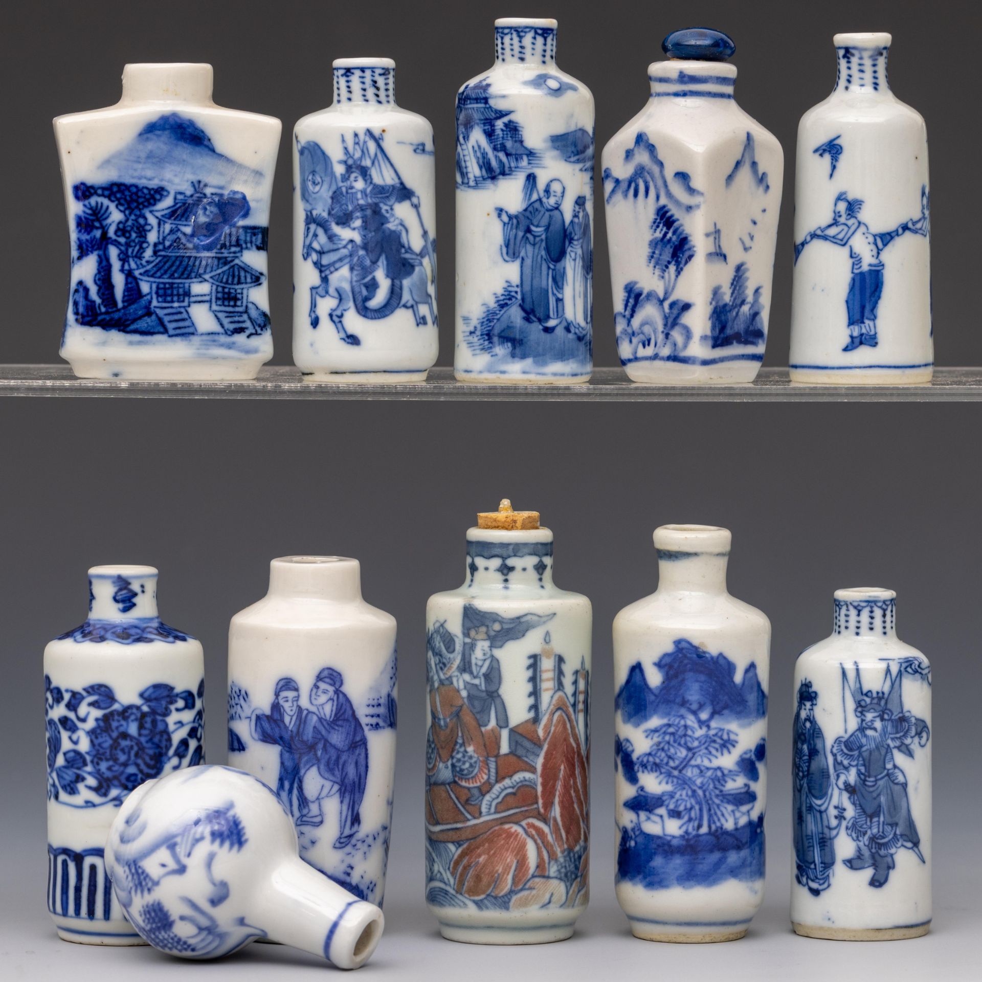 China, eleven various blue and white porcelain snuff bottles, 19th-20th century,