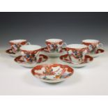 Japan, a set of five polychrome porcelain cups and six saucers, 20th century,