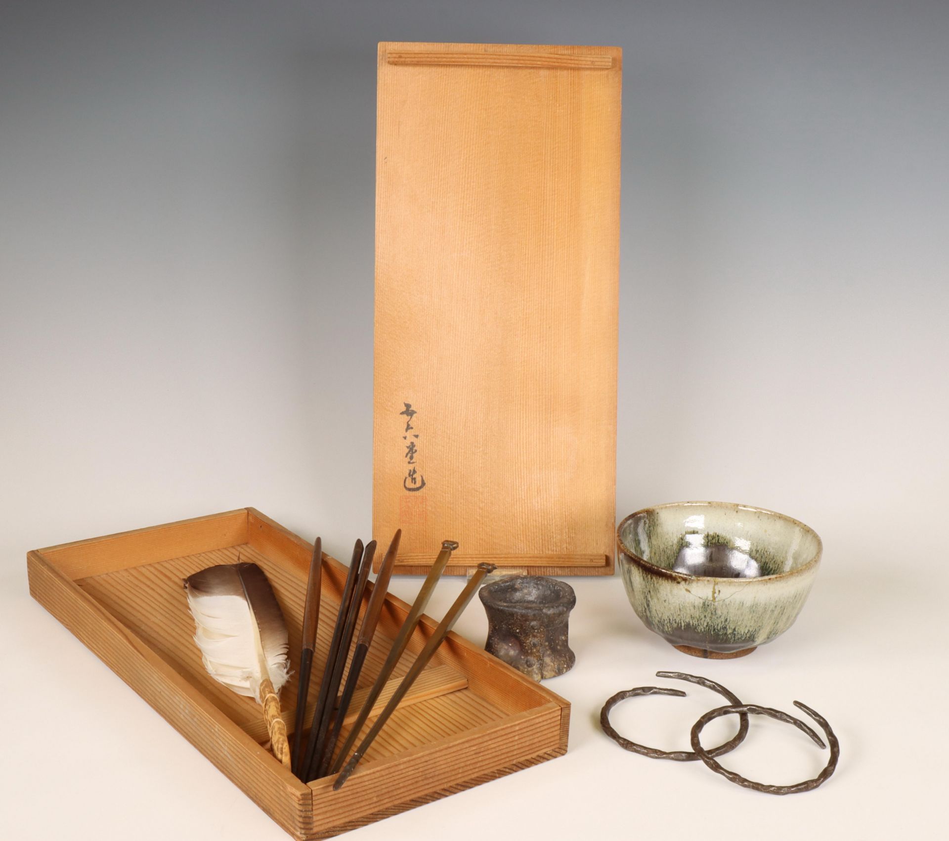 Japan, a Choson-Karatsu chawan, a ceramic futa-oki and various tea-ceremony utensils,