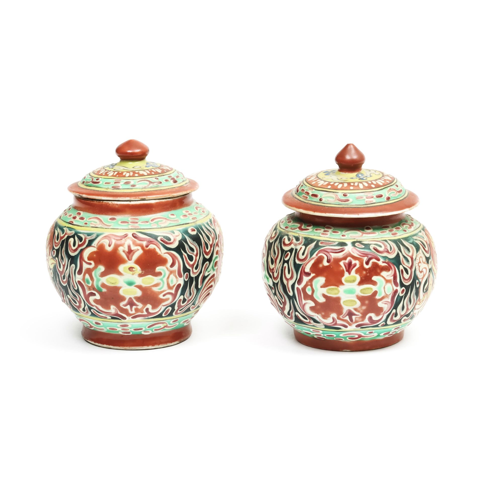 China, a pair of 'Thai market' famille rose porcelain jars and covers, 19th century,